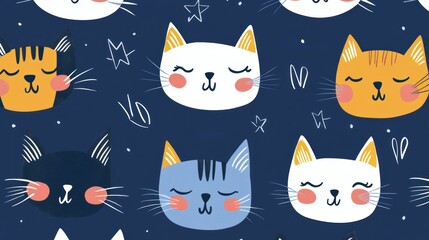 Seamless pattern with cute cartoon cats in various colors sleeping on a dark blue background with stars.