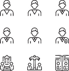 Business people vector icon set minimalist style,editable stroke team,employee,report,student,group,member,management,presentation,meeting,training,class,studying,learning icon set