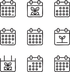 Calendar vector icon set outline style date,schedule,time management,events,appointment,planning,reminder,growing concept,deadline,agenda,plant icons