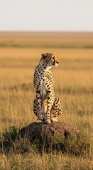 cheetah sitting on a ant heap or next staring into space on a savanna plain in adrica