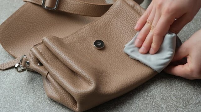 Wiping a leather handbag with a cloth, caring for accessories. Slow motion