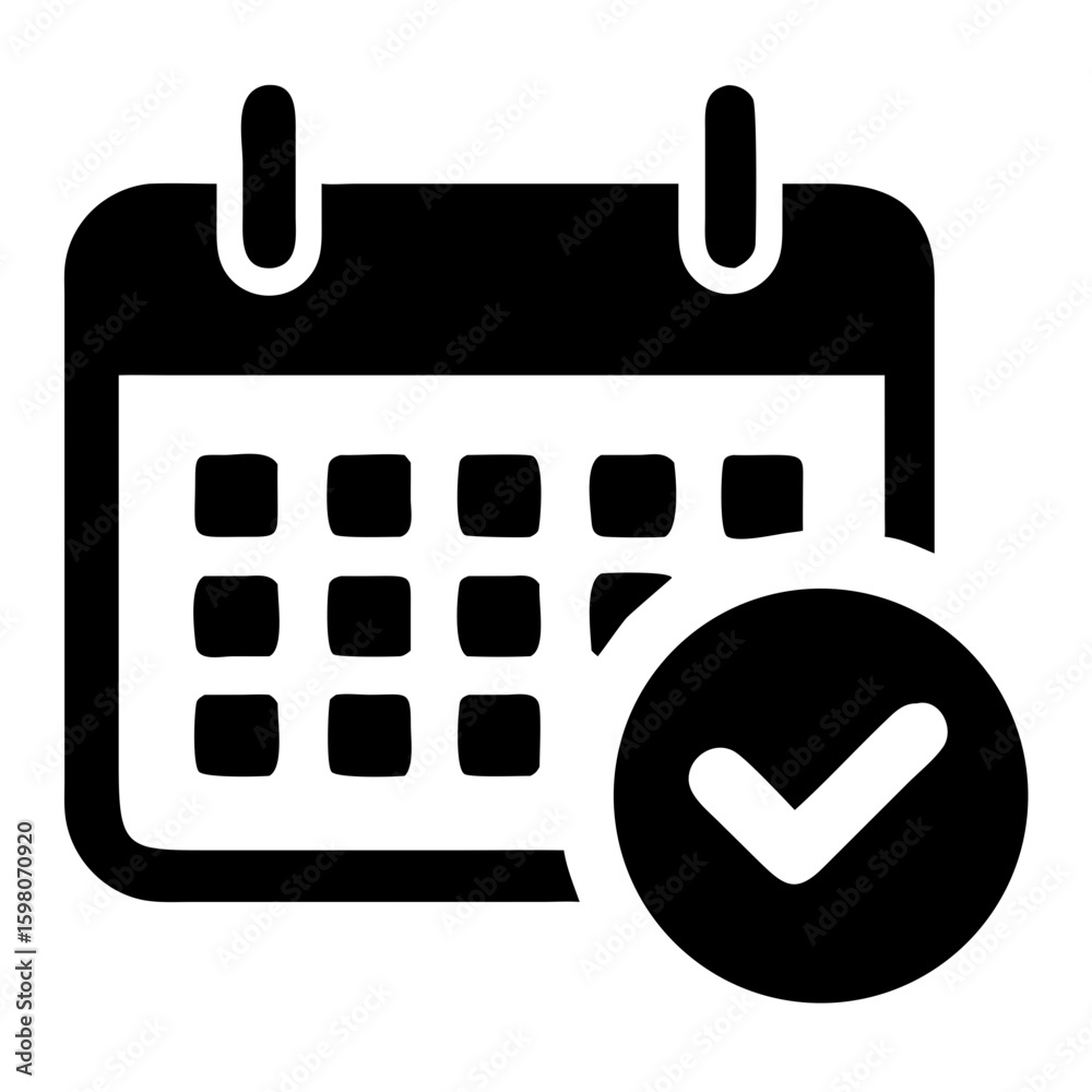 Poster black calendar icon with grid and checkmark inside a circle indicating a completed task or scheduled