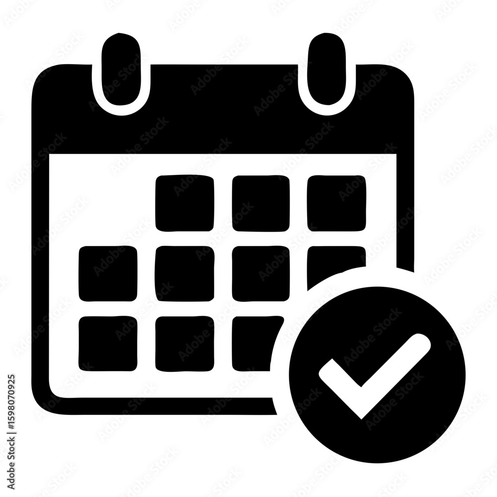 Poster calendar icon with grid and check mark indicating scheduled event and task completion with black fil