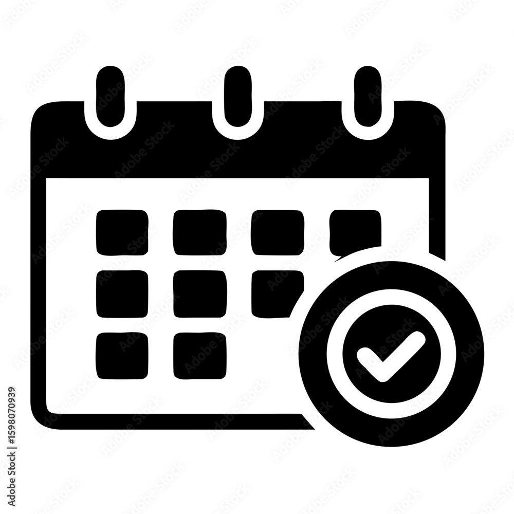 Poster calendar icon with check mark indicating task completion or scheduled event confirmation in black