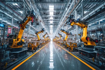 Futuristic chinese factory floor with robotic arms and growth metrics. Export analysis. Trade truce offers relief to china's economy, sustains growth despite tariffs. Tariff impact.