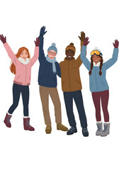 Obraz premium Illustration: Diverse Group of Friends in Winter Clothes Celebrating on Transparent Background