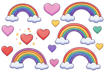 Illustration: Colorful Rainbows and Hearts with Clouds on Transparent Background