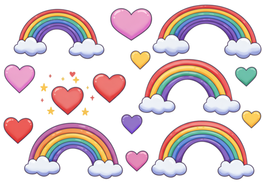 Illustration: Colorful Rainbows and Hearts with Clouds on Transparent Background