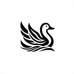 Fototapeta premium Elegant black swan swimming on stylized water waves logo design