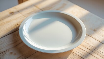 White ceramic plate on wooden surface with natural light.
