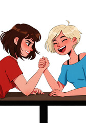 Fototapeta premium Illustration: Two Women Arm Wrestling on a Dark Background