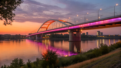 Obraz premium Tranquil dawn illuminates the serene bridge over water, adorned with pink neon lights, reflecting on the calm river and the skyline.