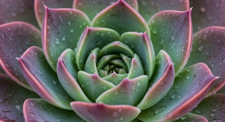 Close-up of a succulent with water droplets, showcasing its intricate leaf arrangement and vibrant green and red hues.