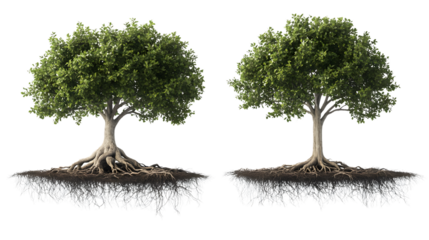 3D Trees with Roots Isolated on Transparent or White Background