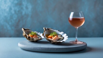 Two oysters with garnish and a glass of ros&Atilde;&copy; wine on a gray plate.