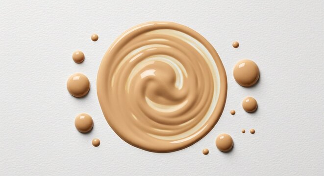 Close-up of beige-toned liquid makeup, swirled into a circular shape with various sized droplets, on a white surface. - Powered by Adobe