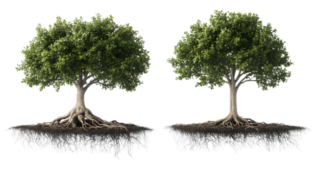 3D Trees with Roots Isolated on Transparent or White Background