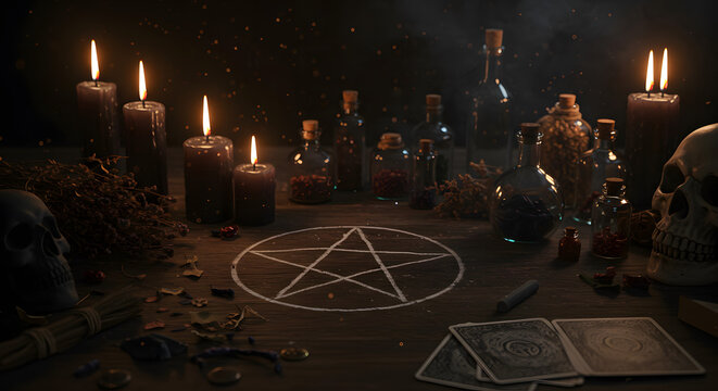 Witchcraft Altar with Black Candles, Potions and Mystical Symbols - Powered by Adobe