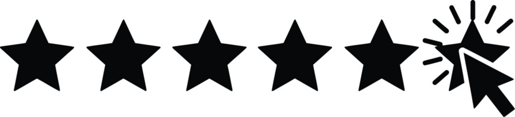 Five-Star Rating Icon – Cursor Clicking Fifth Star in Horizontal Black Row for UX Feedback, Product Reviews, and Scoring Interfaces