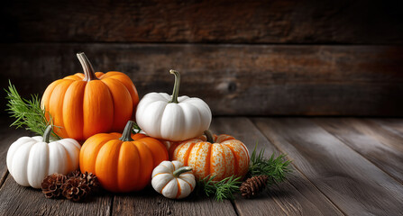 Vibrant assortment of pumpkins in various colors, arranged on rustic wooden surface, surrounded by pinecones and greenery, creating a festive autumn atmosphere with seasonal charm