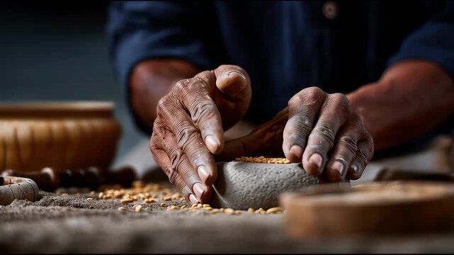 Craftsman shapes stone with precision in traditional workshop setting