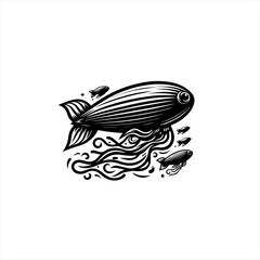 Whimsical airship blimp with fish in stylized water