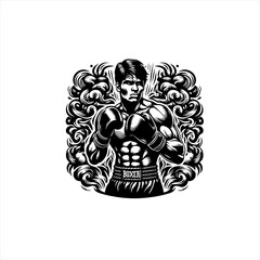 Obraz premium Muscular boxer in fighting stance with ornate swirls