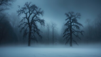 Winter forest scene with leafless trees, mist, and snow-covered ground. Cold and eerie atmosphere, foggy landscape, nature, winter, and wilderness.