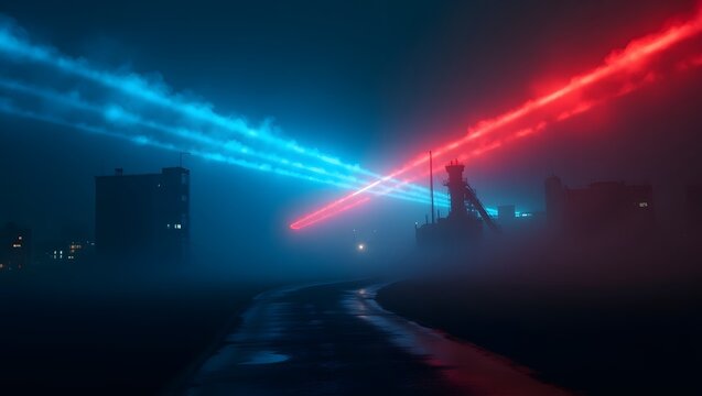 Moody synthwave industrial landscape; red and blue light streaks, foggy night scene.