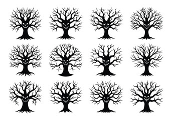 Spooky Halloween Trees Silhouette Pattern with Evil Faces in Black and White Background