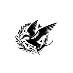 Obraz premium Elegant black silhouette of a bird in flight surrounded by delicate foliage and small birds