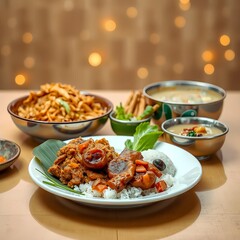 Fototapeta premium A traditional Asian dish served on a plate with white rice, seasoned meat, vegetables and other accompaniments