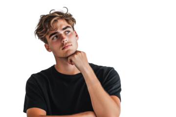 A young man stands thoughtfully with his hand on his chin against a white background PNG