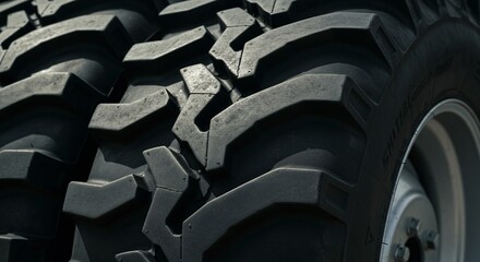 Close-up of a heavy-duty, black rubber tire with a deep tread pattern, designed for rugged terrain and maximum traction.