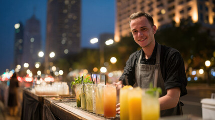 skilled bartender skillfully mixing vibrant cocktails against backdrop of illuminated city skyline