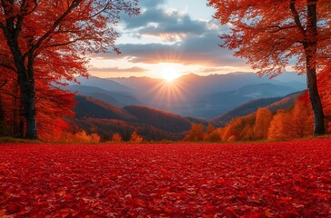 Vibrant red autumn leaves carpet a hillside overlooking misty mountains at sunset fall