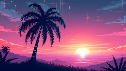 Fototapeta premium Vibrant Pink and Purple Sunset Ocean Scene with Silhouetted Palm Trees, Tropical Paradise, Vector Illustration
