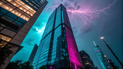 Dramatic lightning strikes illuminate the city skyline and the modern skyscrapers during a powerful thunderstorm.