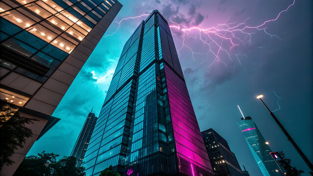 Dramatic lightning strikes illuminate the city skyline and the modern skyscrapers during a powerful thunderstorm.