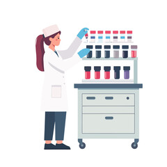 Female scientist in a white lab coat and gloves analyzing colorful liquid samples in test tubes.