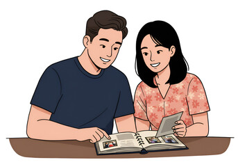Illustration of Couple Viewing Photo Album