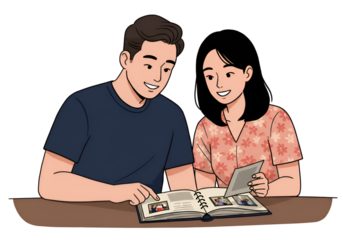 Illustration of Couple Viewing Photo Album