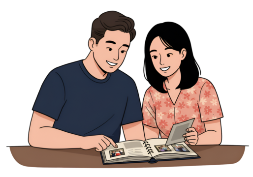 Illustration of Couple Viewing Photo Album