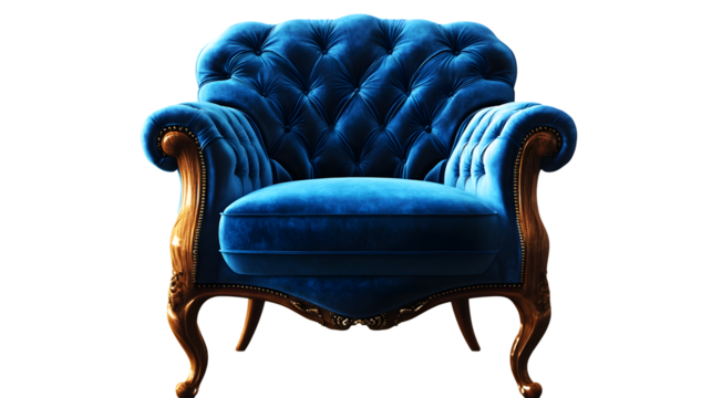 Luxurious Blue Velvet Armchair in Art Deco Style with Wooden Legs Isolated