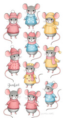 Illustration of Cute Mice in Winter Clothes
