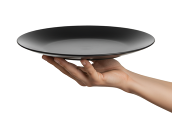 Hand Holding An Empty Black Plate On Black Background