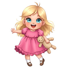 Illustration of a Blonde Girl in Pink Dress with Teddy Bear