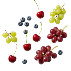 Fresh assortment of cherries blueberries and grapes on white background