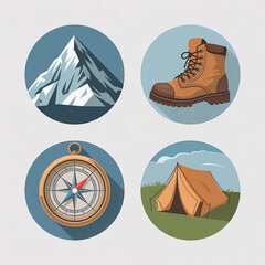Outdoor adventure icons mountain boot compass and tent