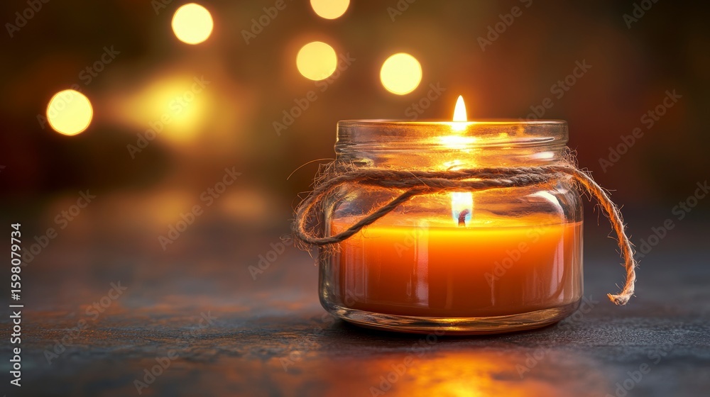 Canvas Prints a lit candle in a glass jar sits on a dark surface with bokeh lights in the background.